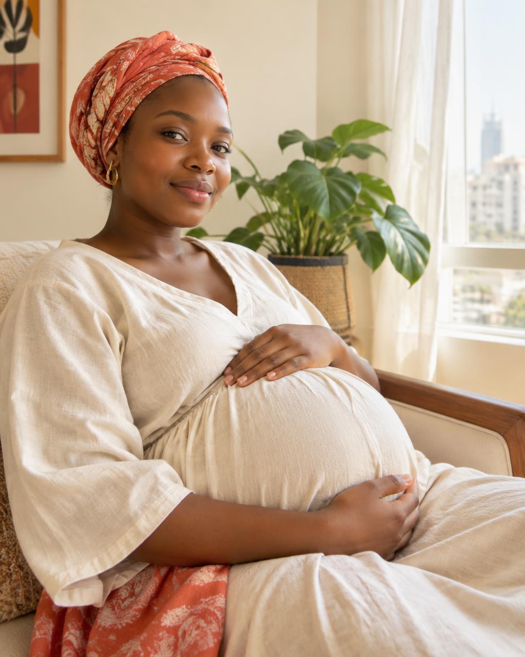 An expectant mother resting at home in the sunlight